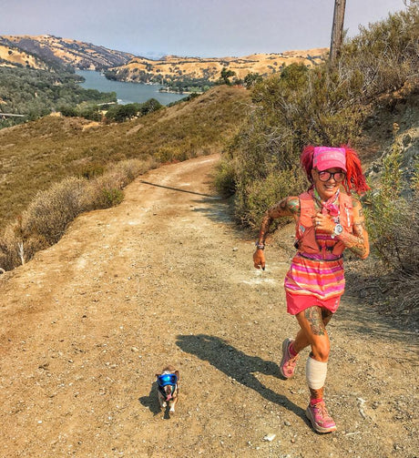 Small dog wearing Rex Specs dog goggles running with their human.