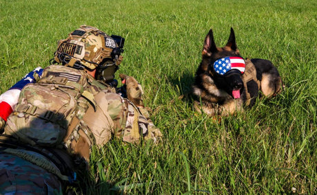 Military Working Dog and Handler Taking a break in the grass while wearing Rex Specs Dog Goggles